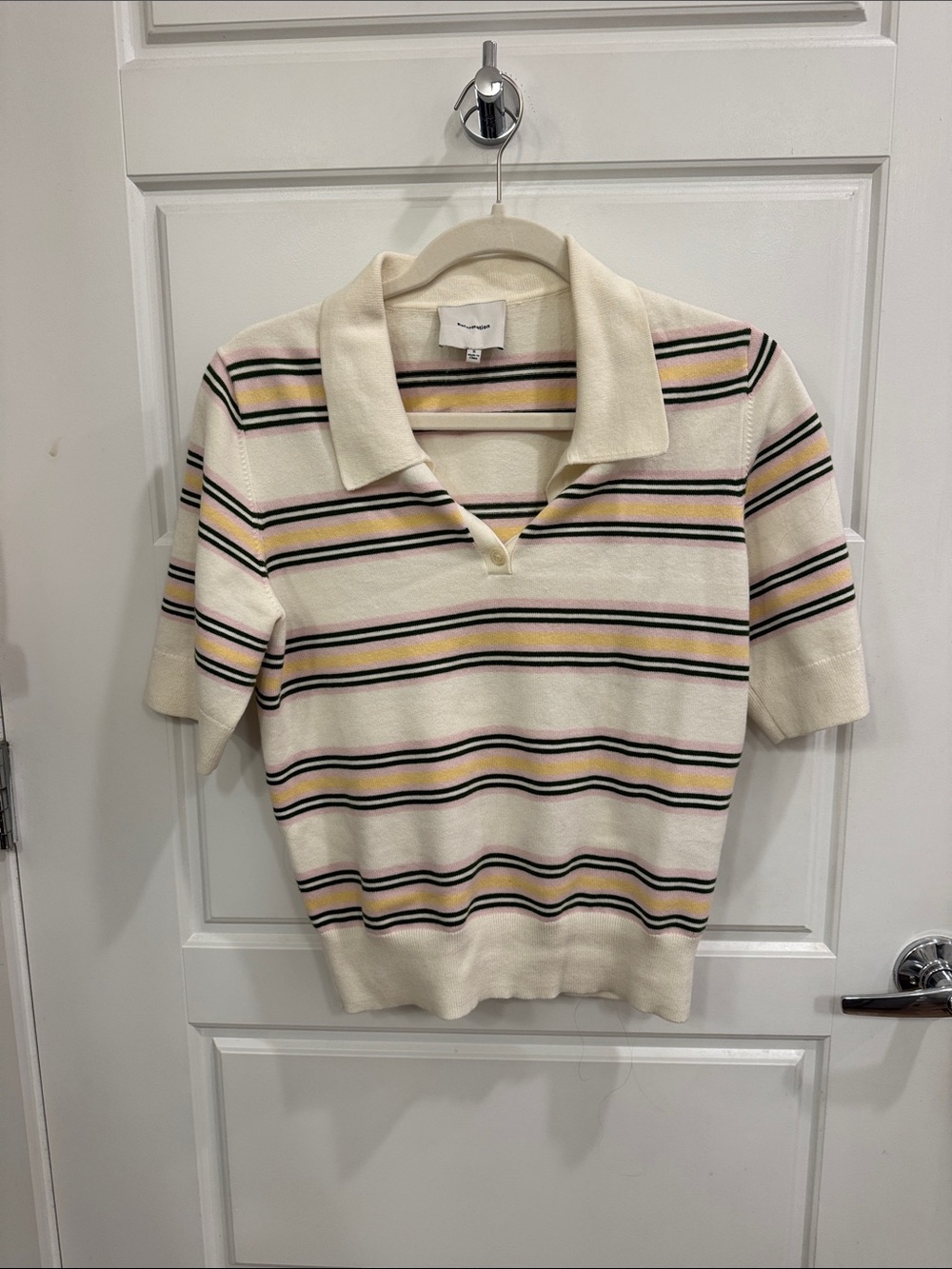 Reformation Cream V-Neck Polo Sweater with Pink, Yellow & Navy Stripes